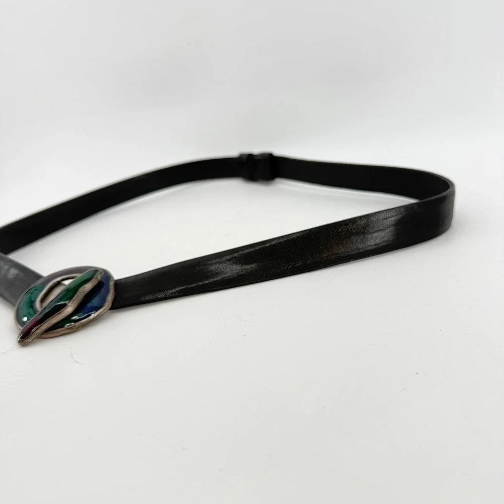 Chicos Enamel Buckle Belt Womens ML Black Leather Multi Color Artisan Vintage